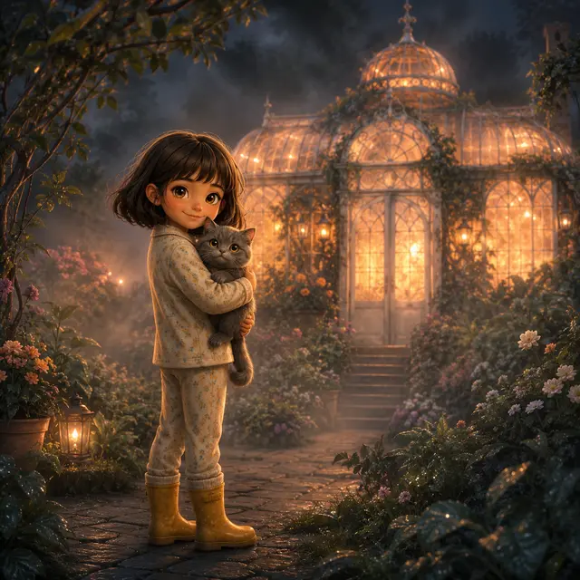 A child in pyjamas cuddling their cat in a twilight garden outside a glowing greenhouse